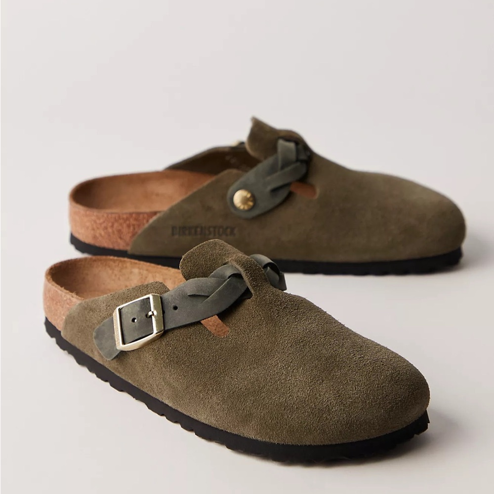 New Birkenstock Boston Braid Clogs Thyme Suede Free People